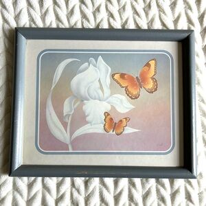 VINTAGE 80s LITHOGRAPH PRINT BUTTERFLIES FLOWERS